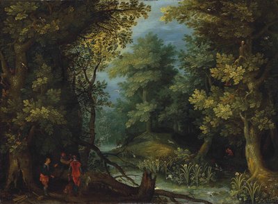 Cazadores con sabuesos junto a un arroyo en un paisaje boscoso de Jan Brueghel the Elder