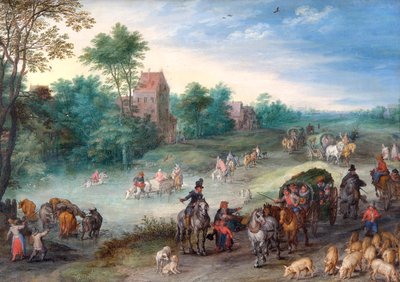 Viajeros en un camino rural con ganado y cerdos, 1616 de Jan Brueghel the Elder
