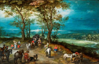 Un extenso paisaje con un carro tirado por caballos y viajeros en una carretera de Jan Brueghel the Younger