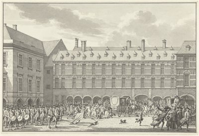 Disturbios cuando los diputados de Dordrecht atraviesan Stadhouderspoort en Binnenhof, 1786 de Jan Bulthuis