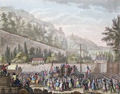 Las mujeres de Les Halles en Auteuil llevando a la familia real francesa a París desde Versalles el 6 de octubre de 1789, 1796 de Jan Bulthuis