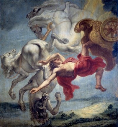 La caída de Faetón : incapaz de controlar el carro de Helios, Faetón es golpeado por Zeus y cae al río Eridan (La caída de Faetón) - Pintura de Jan Carel van Eyck (1649-c. 1690), Óleo sobre lienzo, finales del siglo XVII, Tamaño : 197x18 de Jan Carel van Eyck