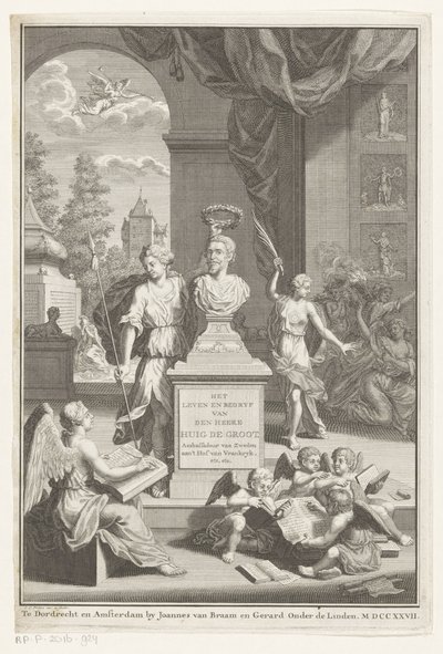 Busto de Hugo de Groot alabado por Victoria La vida y los negocios del Sr. Huig de Groot (título sobre el objeto) Página de título para: Caspar Brandt y Adriaan van Cattenburg, Historia de la vida del Sr. Huig de Groot, 1727 de Jan Caspar Philips