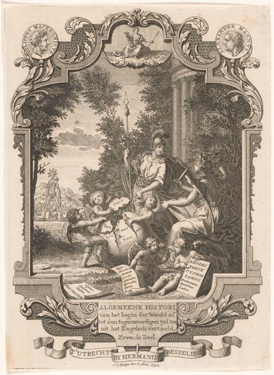 Cartouche con alegoría de la historia de Grecia Página de título para: Kornelis Westerbaen, Algemeene histori, 1742 de Jan Caspar Philips