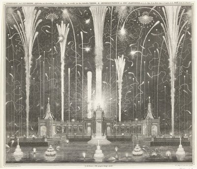 Fuegos artificiales en La Haya por la Paz de Aquisgrán, 1749 Representación de los fuegos artificiales disparados en La Haya el 13 de junio de 1749, utilizada por den Aakensche Vreede / Representation du feu d