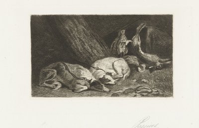 Dos perros están descansando con el botín. de Jan Cassiers