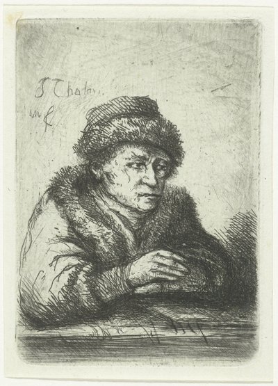 Hombre adulto en una mesa, con abrigo de piel. de Jan Chalon