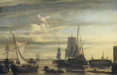 Puerto al atardecer de Jan Claesz. Rietschoof (attributed to)