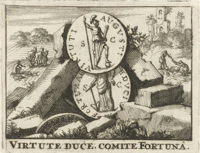 Monedas romanas apoyadas en un montón de piedras Virtute Duce, Comité Fortuna (título sobre objeto) de Jan Claesz ten Hoorn