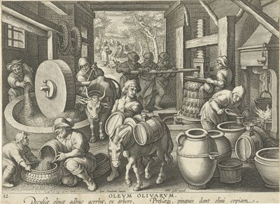 prensa de aceitunas Olevm Olivarvm (título sobre objeto) Nuevos inventos y descubrimientos (título de la serie) Nova Reperta (título de la serie) de Jan Collaert (II) (attributed to)
