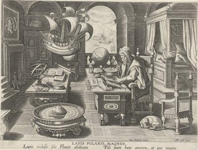 Invención de la brújula Lapis Polaris, Magnes (título sobre objeto) Nuevos inventos y descubrimientos (título de la serie) Nova Reperta (título de la serie) de Jan Collaert (II) (attributed to)