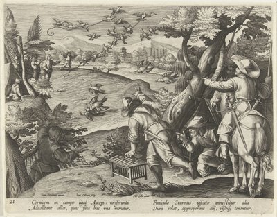 Jacht op kraaien en spreeuwen Jachttaferelen (título de la serie) La caza de animales salvajes, aves y peces en el Bestiario (título de la serie) de Jan Collaert (II)