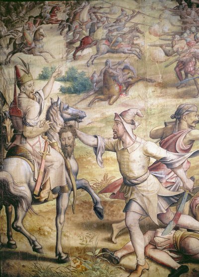 Campaña del Emperador Carlos V contra los Turcos en Túnez en 1535: la Captura de Goletta, (detalle) de un soldado de infantería sosteniendo una cabeza desmembrada de Jan Cornelisz Vermeyen