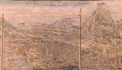 Tapiz flamenco. Serie La Conquista de Túnez; Reseña de las Tropas en Barcelona (La revista de las tropas en Barcelona). Segundo tapiz de la serie. Modelo Jan Vermeyen y Pieter Coecke van Aelst. 1543-1548. Fabricación Real Fábrica de Tapices de Sant de Jan Cornelisz Vermeyen