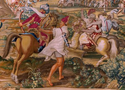 Tapiz flamenco. Serie La Conquista de Túnez. El Ataque a la Goleta (Ataque a la Goleta). Cuarto tapiz de la serie. Modelo Jan Vermeyen y Pieter Coecke van Aelst. 1543-1548. Fabricación Real Fábrica de Tapices de Santa Bárbara, Madrid de Jan Cornelisz Vermeyen