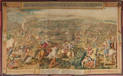 Tapiz flamenco. Serie La Conquista de Túnez. El Ataque a la Goleta (Ataque a la Goleta). Cuarto tapiz de la serie. Modelo Jan Vermeyen y Pieter Coecke van Aelst. 1543-1548. Fabricación Real Fábrica de Tapices de Santa Bárbara, Madrid de Jan Cornelisz Vermeyen