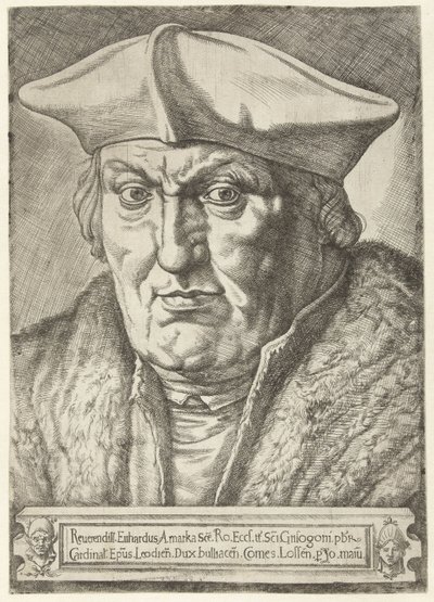 Retrato de Erard de la Marck, Príncipe-Obispo de Lieja Reerendill Euhardus Amarka ... bulliacen Comes Lossen (título sobre objeto) de Jan Cornelisz Vermeyen