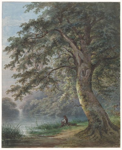 Pescador bajo un gran árbol cerca del estanque de Jan David Geerling Grootveld