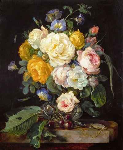 Naturaleza muerta con peonías, cerezas y un reloj de bolsillo de Jan Davidsz de Heem