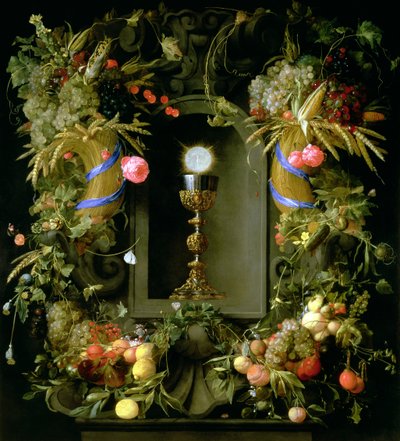 Cáliz de comunión y hostia, rodeados de una guirnalda de frutas de Jan Davidsz de Heem