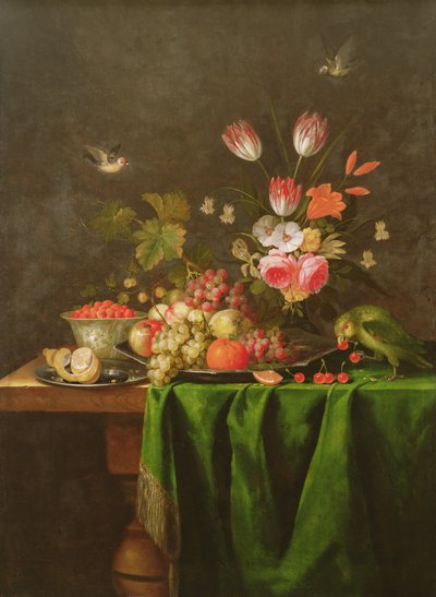 Naturaleza muerta de frutas y flores con un loro en una mesa cubierta con un mantel verde de Jan Davidsz de Heem