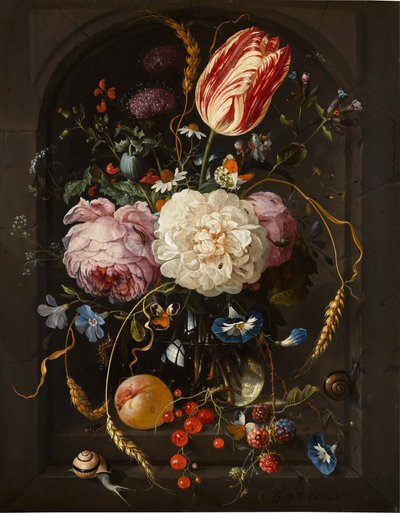Bodegón de flores en un jarrón de cristal con insectos y frutas en un nicho de piedra de Jan Davidsz. de Heem