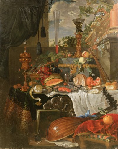 Naturaleza muerta de comida e instrumentos musicales de Jan Davidsz de Heem