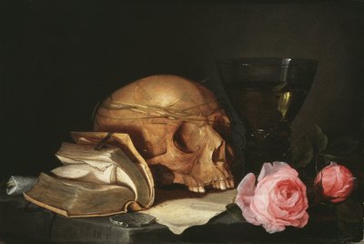 Vanitas, naturaleza muerta con un cráneo, un libro y rosas de Jan Davidsz de Heem