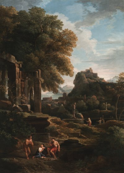 Un paisaje clásico con figuras en primer plano, ruinas a la izquierda y una figura en el centro haciendo un sacrificio de Jan Frans van Bloemen