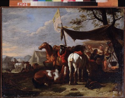 ""Grupo de jinetes en el campamento"" (Un campamento de caballería) Pintura de Jan Frans van Bloemen (1662-1749) Museo de Arte del Lejano Oriente del siglo XVIII, Khabarovsk Rusia de Jan Frans van Bloemen