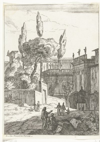 Paisaje de estilo italiano con edificios y figuras antiguas. de Jan Frans van Bloemen