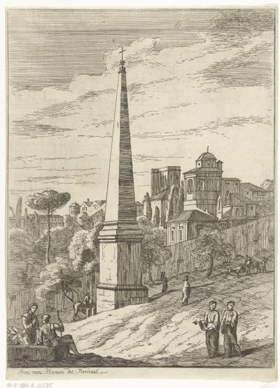 Paisaje de estilo italiano con un obelisco y una vista de la ciudad. de Jan Frans van Bloemen