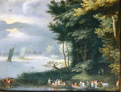 Orillas de un lago con figuras embarcando en botes de remo de Jan Frans van Bredael