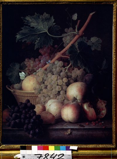 ""Frutas"" Bodegón de melocotones, uvas, peras y granadas con mariposas y una avispa. Pintura de Jean Francois van Dael (1764-1840) 1808 Museo Pushkin, Moscú de Jan Frans van Dael