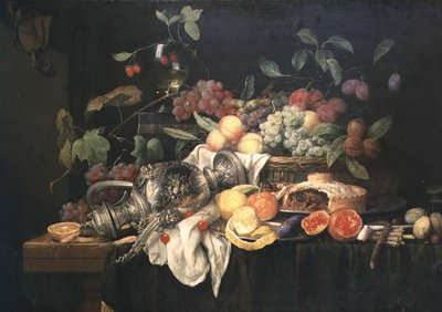 Bodegón con jarra de peltre, pastel de carne y frutas de Jan Frans van Son