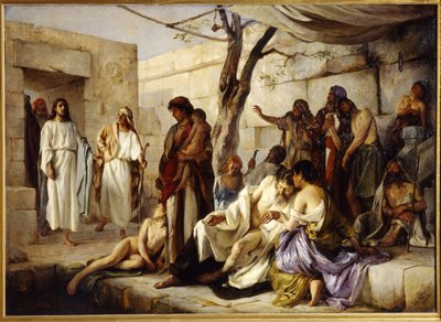 El milagro en el estanque de Betesda. Situado en el camino de Beth Zeta (Israel) a Jerusalén, Jesucristo se acerca a la piscina donde se reúnen los paralíticos y cura milagrosamente a un enfermo. Pintura de Jan de Jan Franzevich Cloginsky