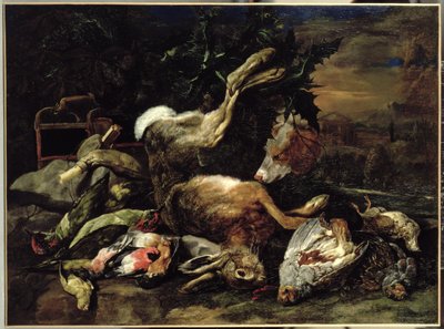 Naturaleza muerta con una liebre, pájaros cantores y una red de pájaros con un spaniel más allá de Jan Fyt