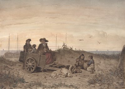 Familia de pescadores en la playa, la madre y uno de los niños sentados en un carro, 1855 de Jan Gerard Smits