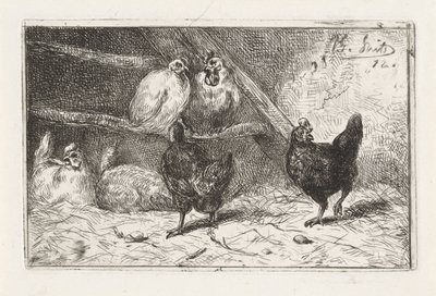 Gallo y cinco gallinas en un gallinero de Jan Gerard Smits