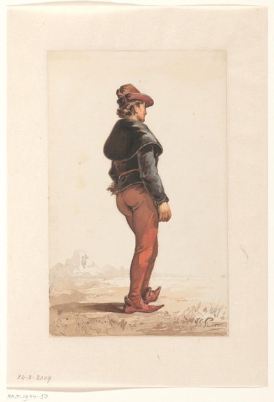 Un lacayo de pie con traje de Borgoña, de espaldas de Jan Gerard Smits