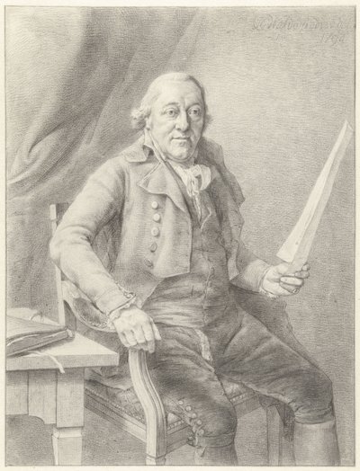 Retrato de Reinier Vinkeles I, sentado en una silla con una hoja de papel en la mano de Jan Gerard Waldorp