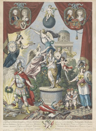 Zinneprent en torno a los matrimonios del hijo y la hija de Guillermo V, 1790-1791
Tafreel para conmemorar los altos matrimonios entre (...) Guillermo Federico, Príncipe Heredero de Orange &, con Federica Luisa Guillermina, Princesa de Prusia &, y Carolus de Jan Gerritsz. Visser