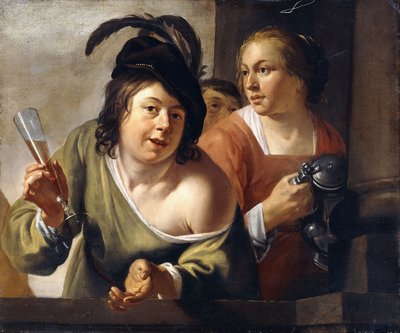 Un joven bebedor y una sirvienta bebiendo en un balcón de Jan Gerritsz. van Bronckhorst