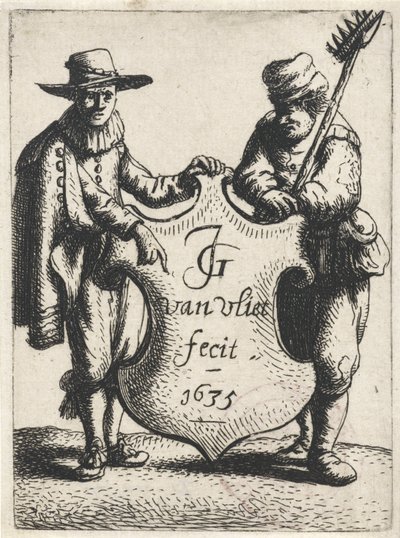 Hombre elegante y un deshollinador cerca de un escudo de armas Figuras de pie (título de la serie) de Jan Gillisz. van Vliet