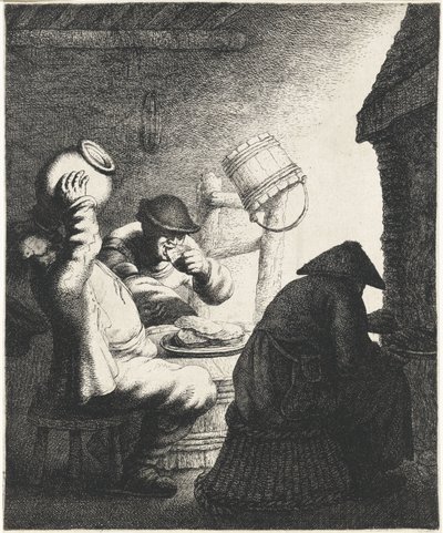 Las figuras comen panqueques en un interior. Gusto Los cinco sentidos (título de la serie) de Jan Gillisz. van Vliet