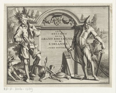 Twee jagers para entornos arquitectónicos Titelpagina voor: James Beeverell, Las delicias de Gran Bretaña e Irlanda, Volumen siete, 1707 de Jan Goeree (possibly)