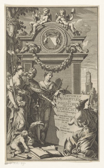 La justicia enseña las leyes de Utrecht Costumen Usantien y oficial de policía de la ciudad de Utrecht (título sobre el objeto) Página de título de Willem Van der Meulen, Costumen, usantien, policien ende style van literen, der Stadt Utrecht, 1709 de Jan Goeree