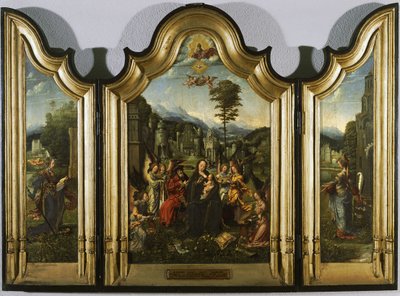 La Sagrada Familia con Santa Catalina y Santa Bárbara Tríptico, c. 1505 de Jan Gossaert