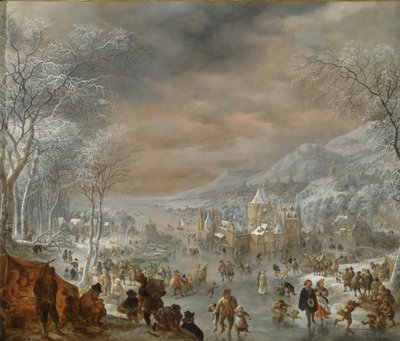 Paisaje de invierno con patinadores, iglesia y pueblo a lo largo de la orilla de un río de Jan Griffier