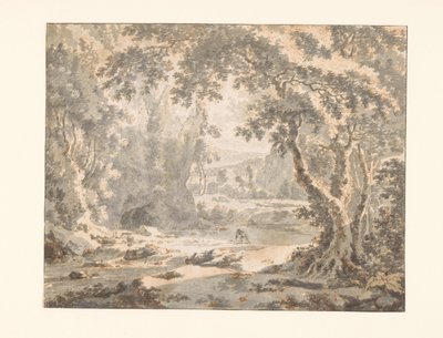 Río en un paisaje montañoso arbolado de Jan Hackaert